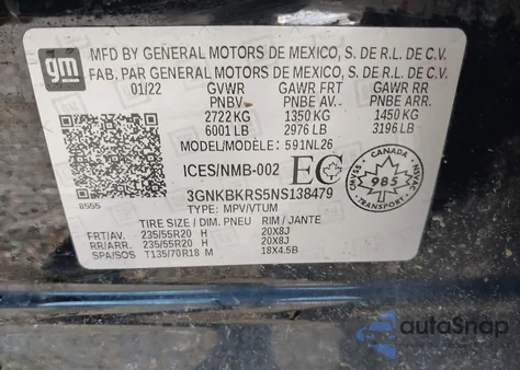 2022 Chevrolet Blazer Awd Rs из США, поврежденный, VIN 3GNKBKRS5NS138479